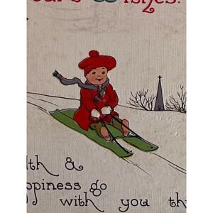 Antique 1918 Ephemera Postcard New Year Wishes Young Child Skiing/Sled Downhill